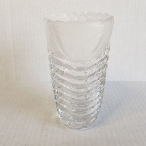 Clear Pressed Glass with‎ Frosted Floral Rim Vase - Picture 1 of 6